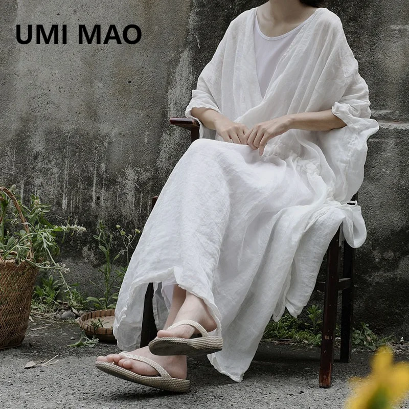 

UMI MAO Forest Breathing Long Dress Elegant Women Summer Ramie Art Style Robe Travel Style Zen White Dress Femme Y2K