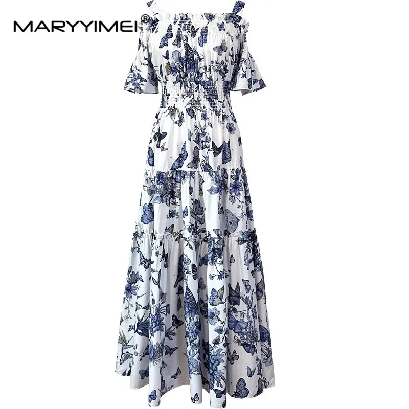 MARYIMEI 여성용 원피스 오프숄더 플레어 슬리브, 스파게티 스트랩, 나비 꽃 프린트 코튼 드레스, 여름 패션