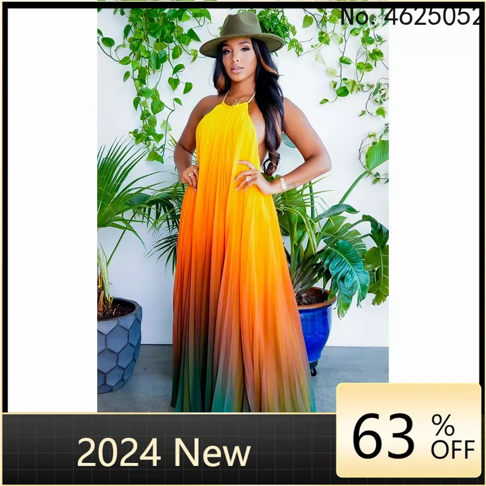 

2024 Summer Fashion Style African Women Sleeveless Spaghetti Strap Long Dress African Maxi Dresses for Women African Clothes