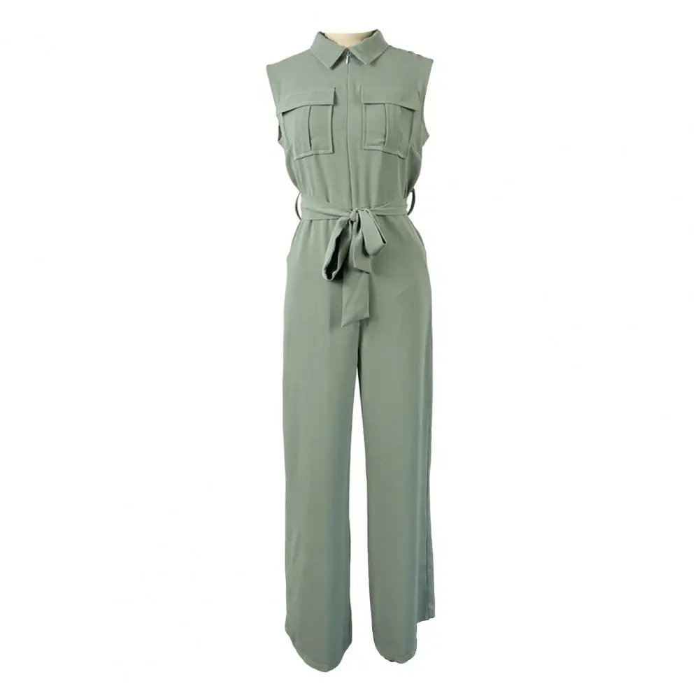 Solid Color Lace-up Jumpsuit Elegant Wide Leg Jumpsuit with Front Zipper Closure Belted High Waist Formal Business for Women