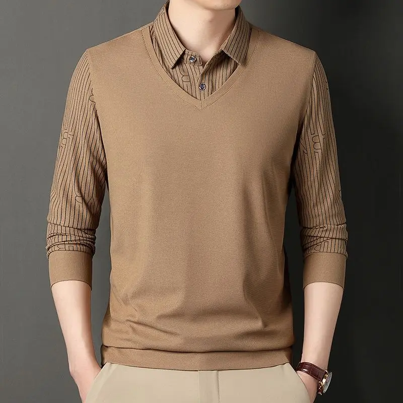 2023 Spring Autumn New Solid Color Turn-down Collar Shirt Man Button Long Sleeve Fake Two Pieces Pullovers Men Thin Style Tops