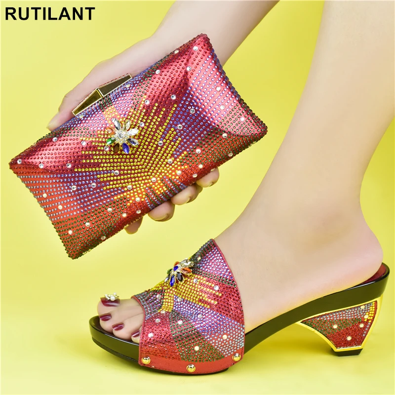 

Orange Color African Shoes and Matching Bag Italian Italian Shoes and Bags To Match Shoes with Bag Set Decorated with Rhinestone