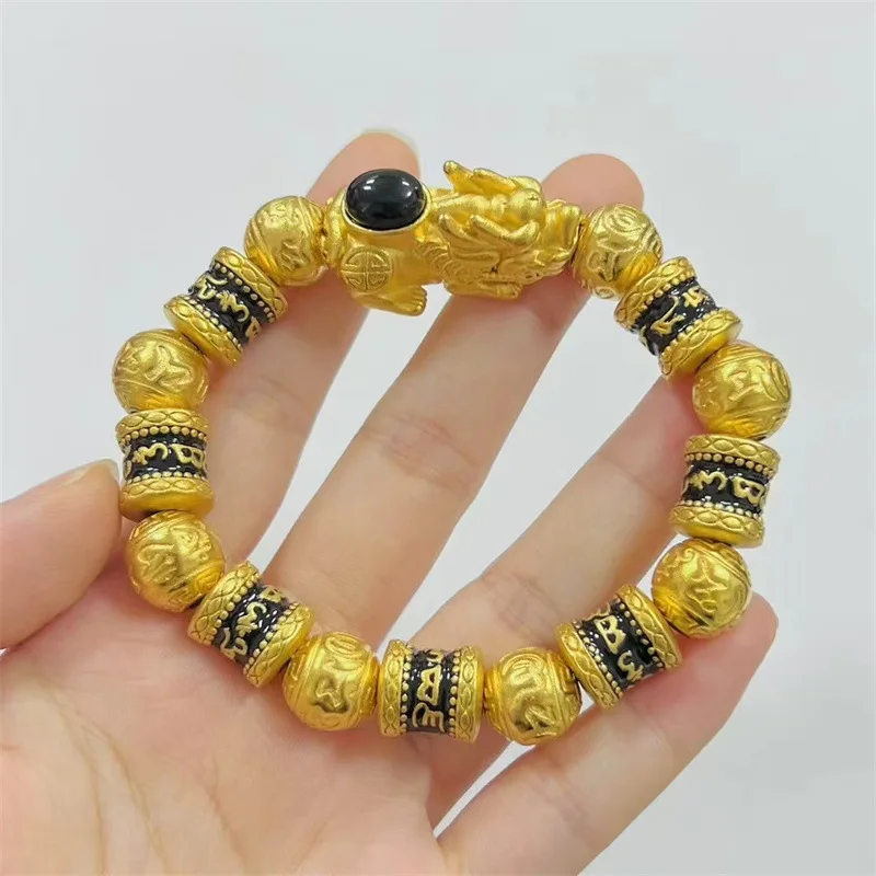 2025 new men's 9999 Pixiu bracelet 24K real gold six-character mantra accessories beaded bracelet retro trend