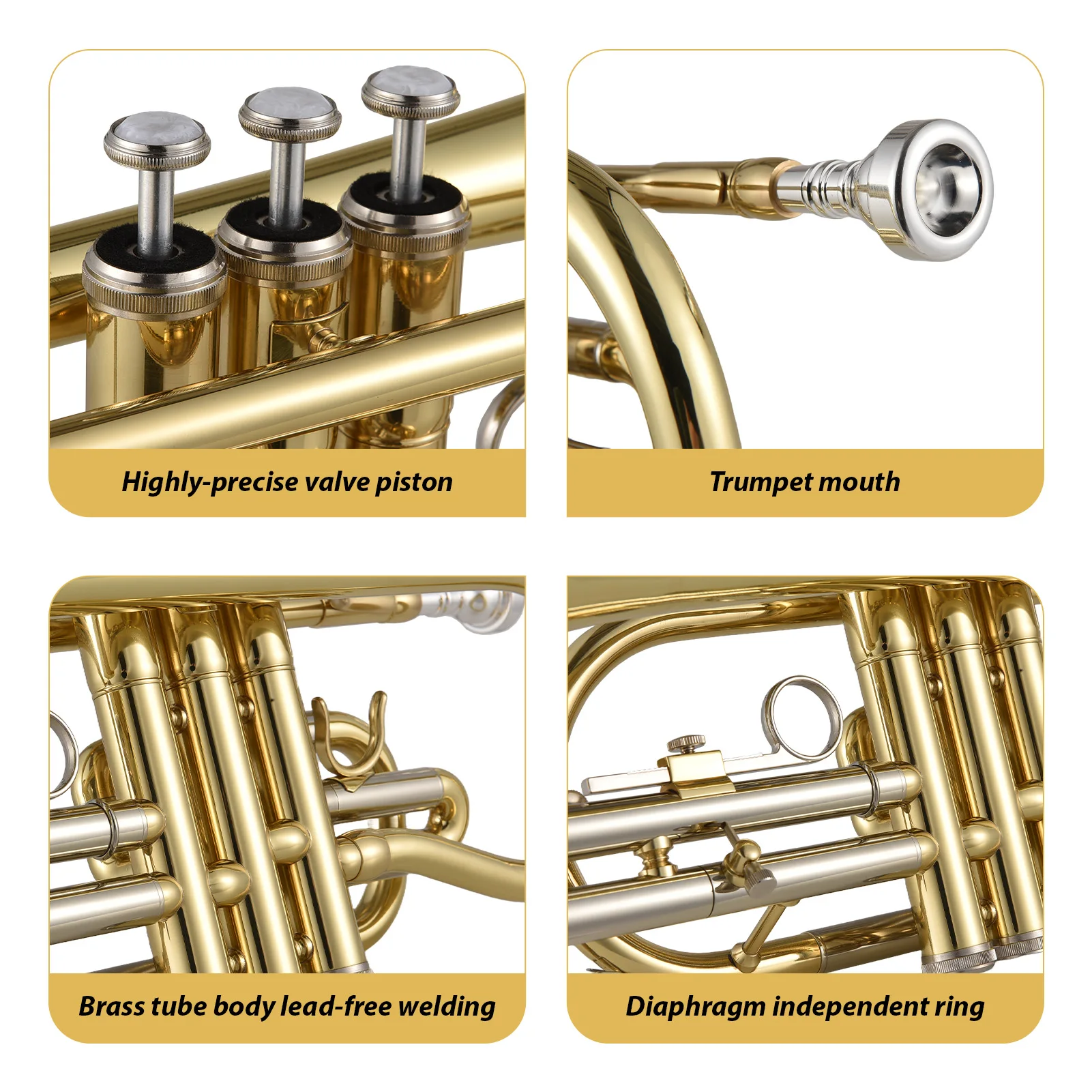 Bb Cornet Brass Instrument Surface Paint Gold Treatment Professional Brass Cornet with Carrying Case Accessories for Students