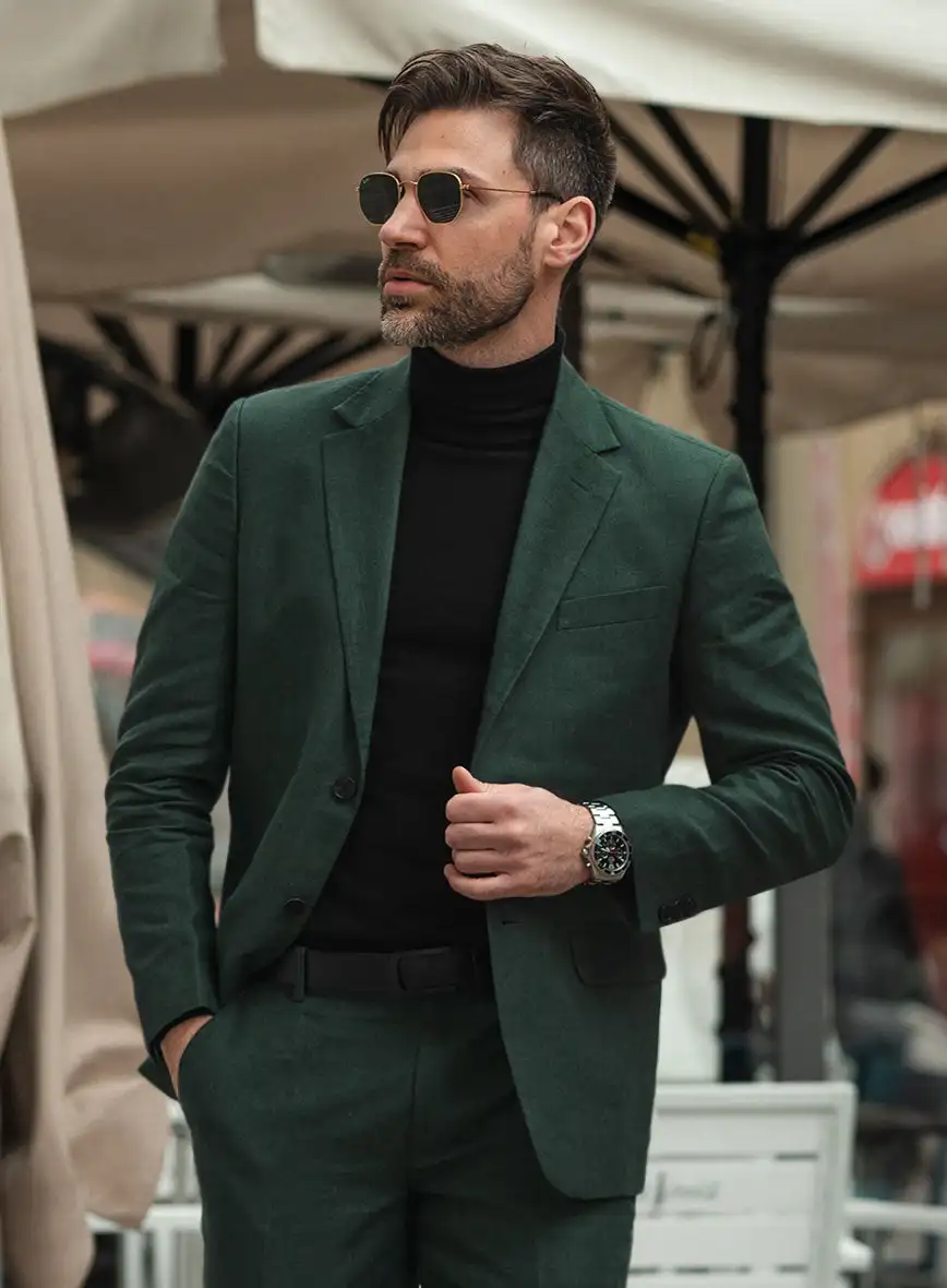 Summer Linen Green Elegant Men Suits High Street Slim Fit Blazers Hombre Casual High Quality Custom 2 Piece Set Costume Homme