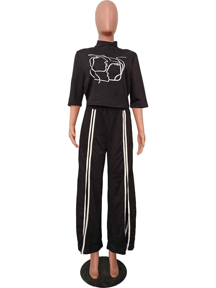 Wmstar Two Piece Sets Women Fashion Half Sleeve Tops Elastic Waist Wide Leg Strip Long Pants Outfits Wholesale Dropshipping