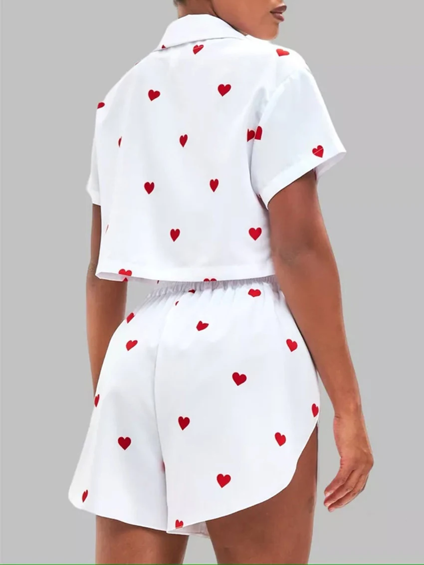 Marthaqiqi Printing Women'S Nightwear Suit Short Sleeve Nightgown Sexy Turn-Down Collar Sleepwear Shorts Loose Femme Nightie Set