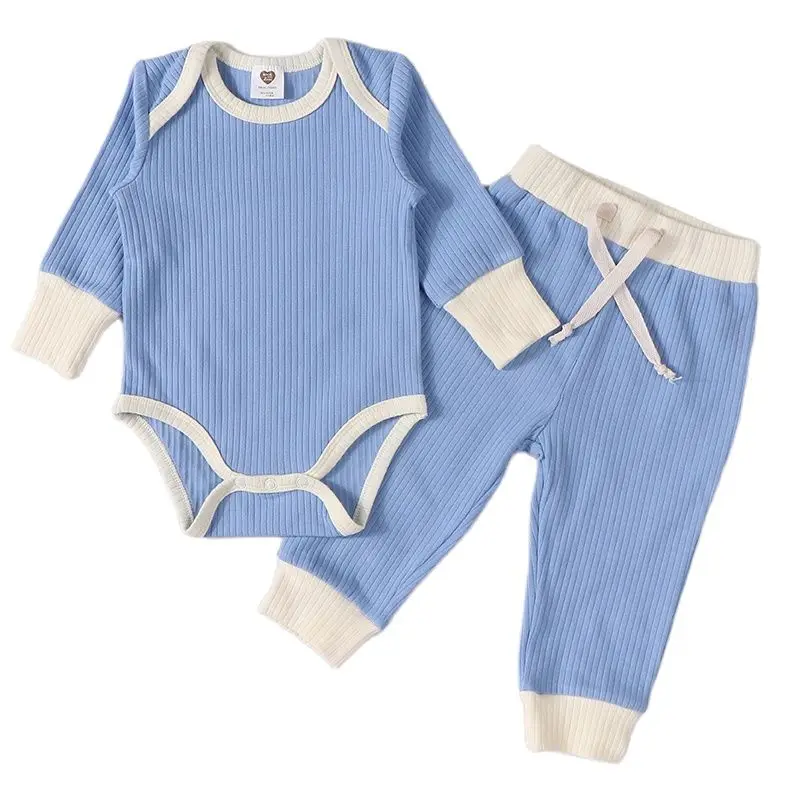 Description Picture 2 of item2pcs baby clothes boy and girls ribbed fashion set top and pants long sleeves kids waistband string high quality cotton kids set