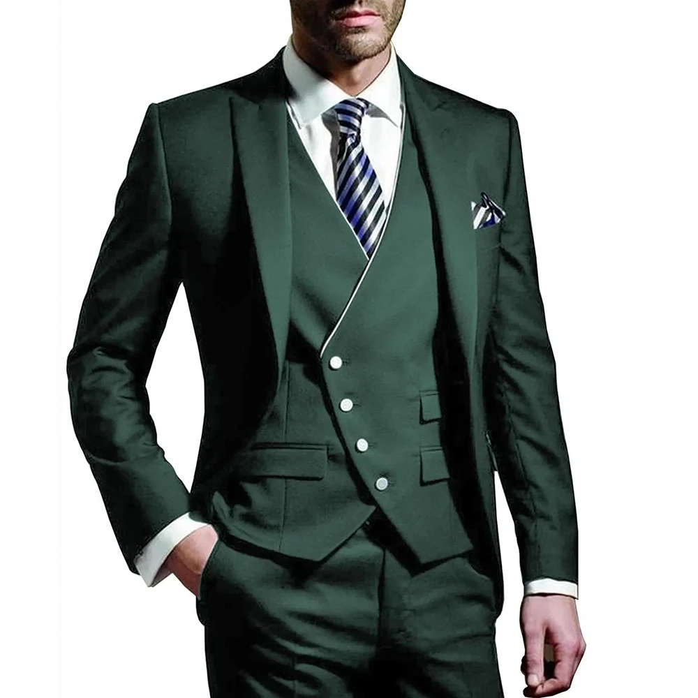 

Lansboter Army Green Men Suits 3 Pieces Groom Wear Peak Lapel Wedding Groom Tuxedos Business Evening Suit Jacket Vest Pants