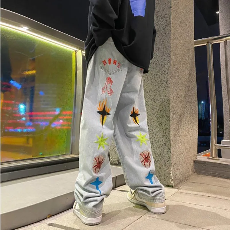 2022 New Arrivals Graphic Embroidery Hip Hop Men Baggy Jeans Trousers Straight Loose Vintage Wide Denim Pants Pantalones Hombre