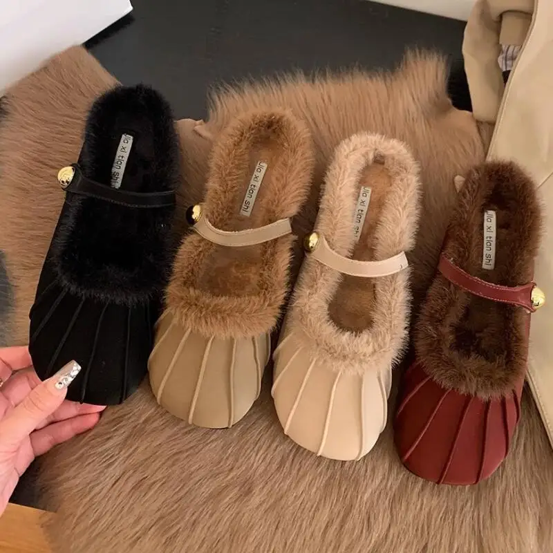 

Fashion Furry Mules Slippers Woman Winter Pleats Warm Plush Shallow Mary Jane Slides Flat Heel Ballet Shoes Outdoor Dress