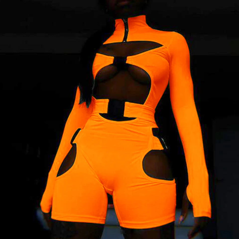 de motociclista recortado, bodysuit verde fluorescente laranja, bodycon laranja sexy