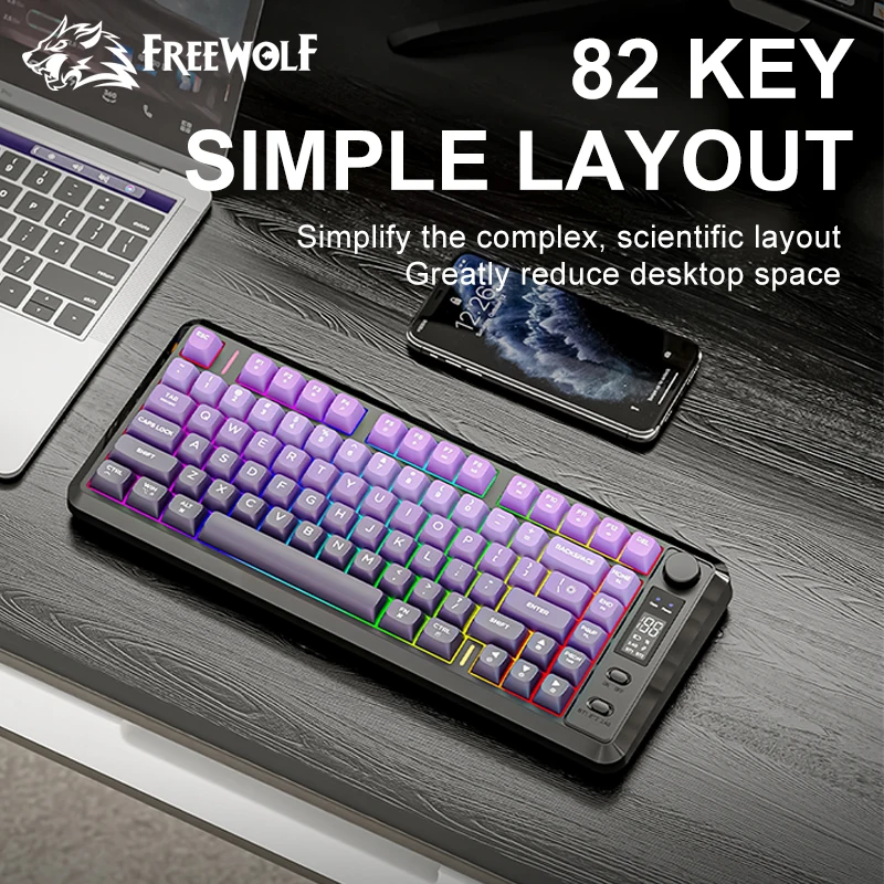 FREEWOLF M75 무선 블루투스 키보드 82키 듀얼 모드 2.4G BT PBT 키캡 스마트 디스플레이 2000mAh 게이밍 키보드 Win Mac