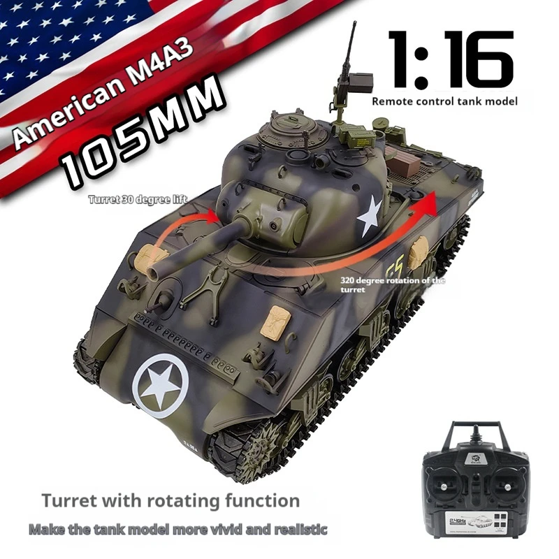 Henglong Sherman M4A3 remote-controlled tank 1:16 Multi functional battle tank model with telescopic gun barrel Toys Model 2