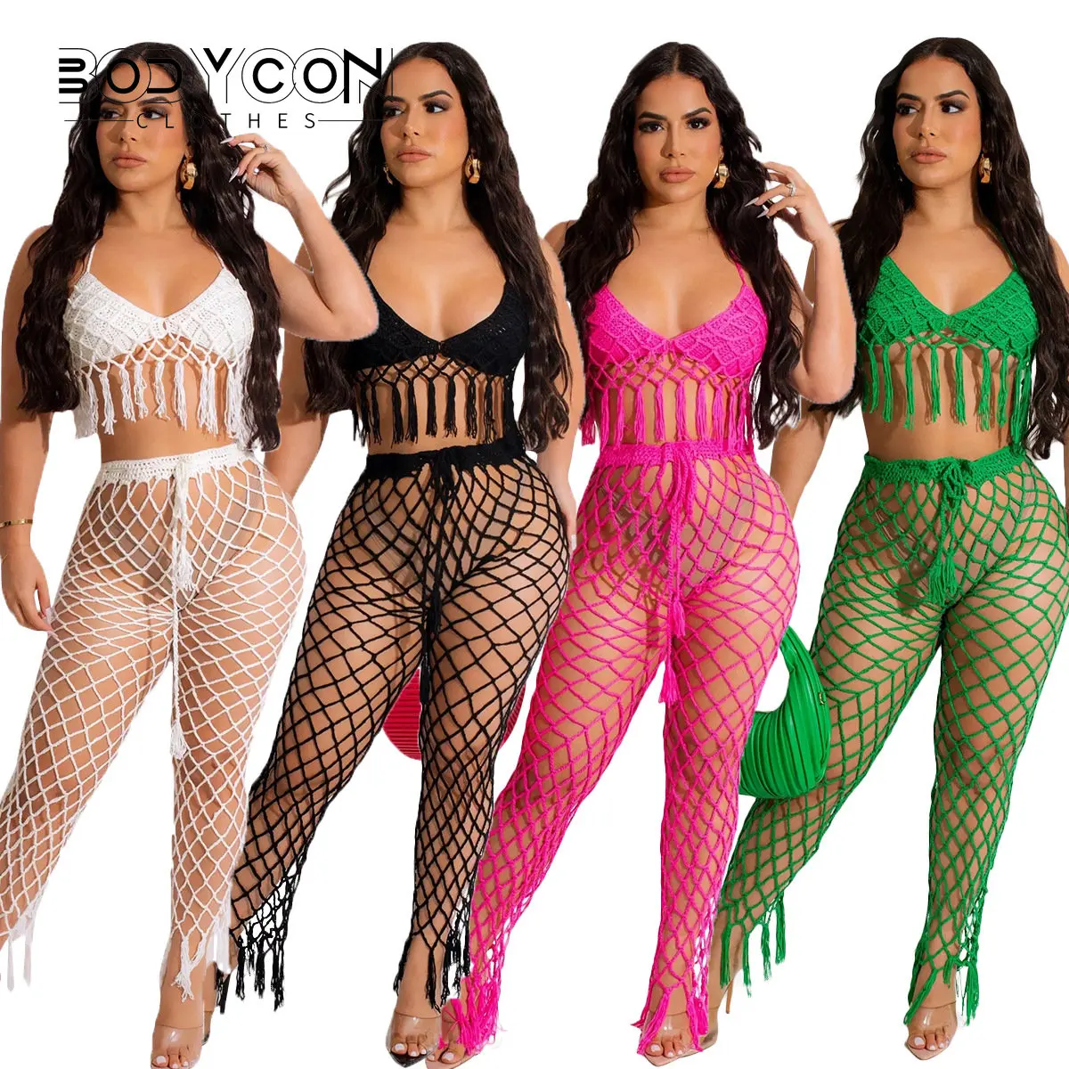 

BODYCON Tassels Two Piece Knit Set Sexy Hollow Out Party Corset Tops And Trousers Women High Waist Sexy Beach Cover Ups Sets