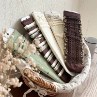 1 3 5 Pairs Womens Seamless Slouch Socks Retro Japanese Style Cotton Crew Socks Brown Little Flower Stripe Bowknot