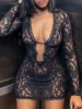Women's solid color lace sexy low neck hollow out long sleeved dress with hip wrap, women's slim fit dress 6