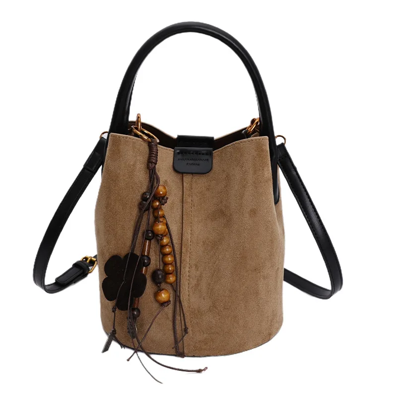 Vintage Matte Suede Bucket Bag Lazy Style Fashion Handbag Tote Sub Bag Casual Shoulder Crossbody Bag for Women
