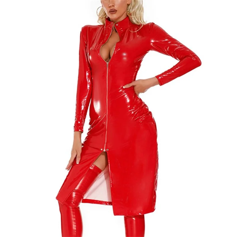 Sexy Women Erotic Dress Glossy Patent Leather Sex Appeal Zipper Cardigan Stand-up Neck Motorbike Wear Female Nightclub Gamewear