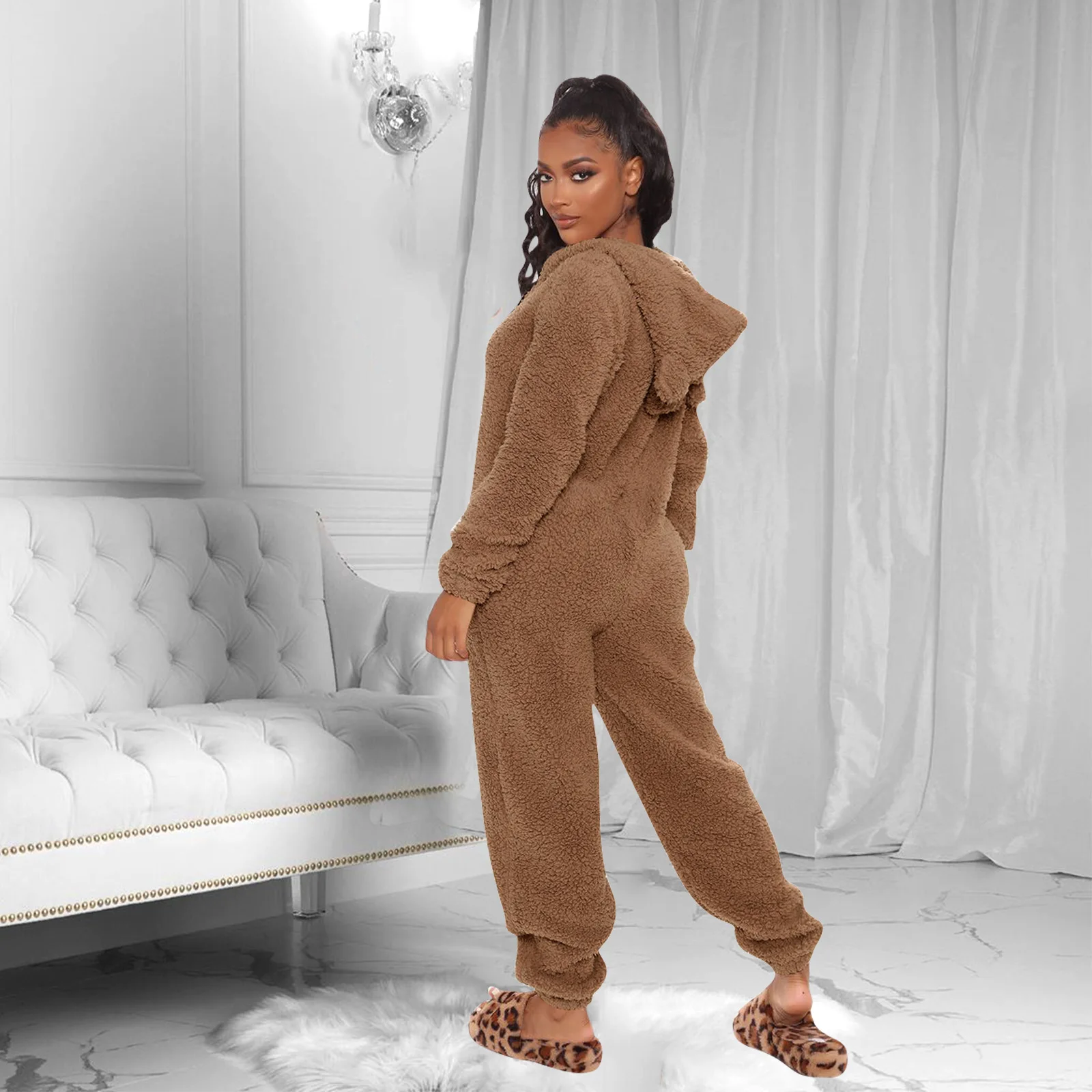 Winter Ladies Warm Clothes Plush Pajamas Jumpsuit Fashion Solid Color Zipper Women'S Plus-Size Hooded Homewear Jumpsuits
