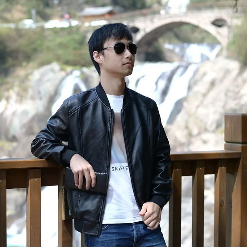 Leather Jacket Men Windproof Windbreaker Business Men Clothing Coat Zipper Long Sleeve Slim Stand Collar Coat PU Leather Jacket