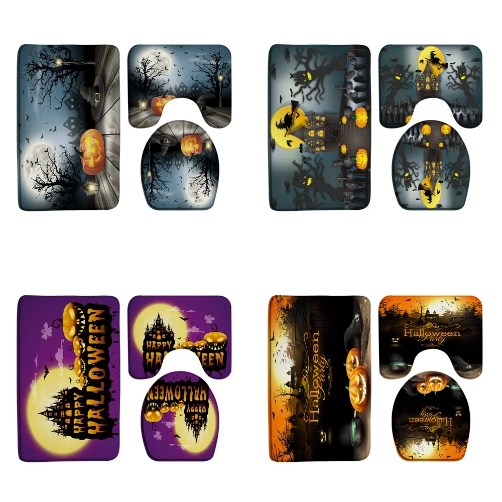 

Halloween Ghost 3pcs Bath Mat Sets Flannel Non Slip Castle Pumpkin Bathroom Doormat Shower Absorbent Toilet Pedestal Rug Carpet