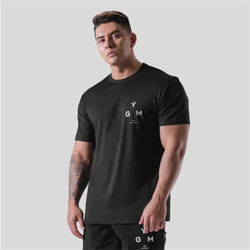 

M-4XL High Elasticity Cotton Summer Mens Gym Short Sleeve T shirt Fitness Bodybuilding Small Letter Print Male Clothing Tee Tops