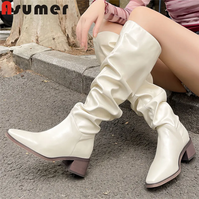 

Женские Плиссированные Сапоги выше колена ASUMER, зимние сапоги из искусственной кожи с квадратным носком, на среднем каблуке, без застежки, 2024