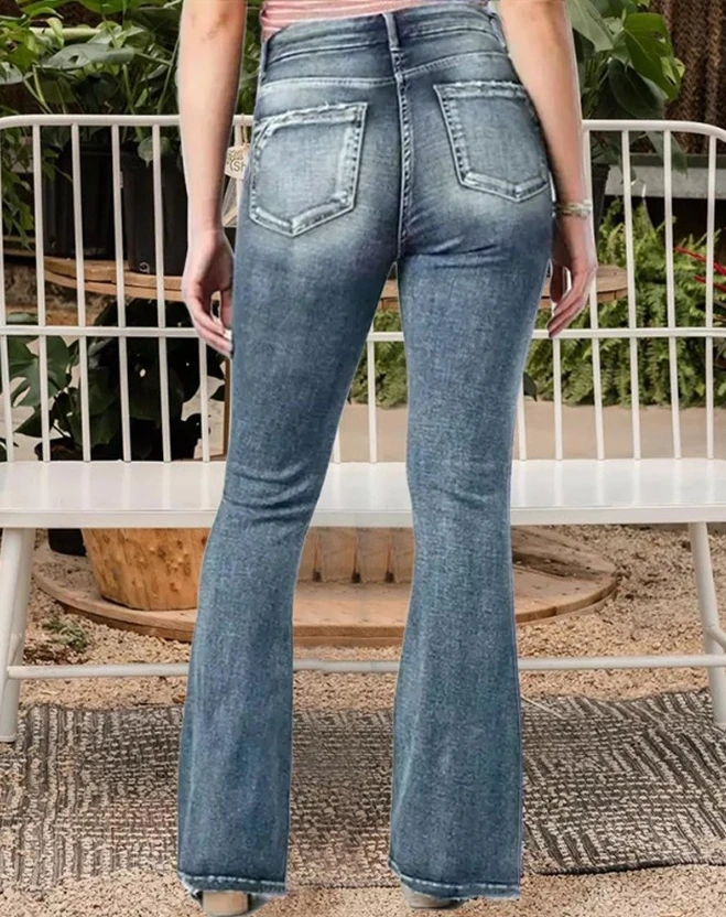 Vintage Denim Pants for Women 2023 Autumn Button Side Design Pocket Zipper Fly Hight Waist trousers Flared Leg Jeans Streetwear