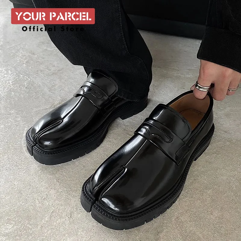 Split toe horseshoe shoes for men's thick sole Lefu shoes Tabi shoes patent leather Korean version trend casual leather shoes