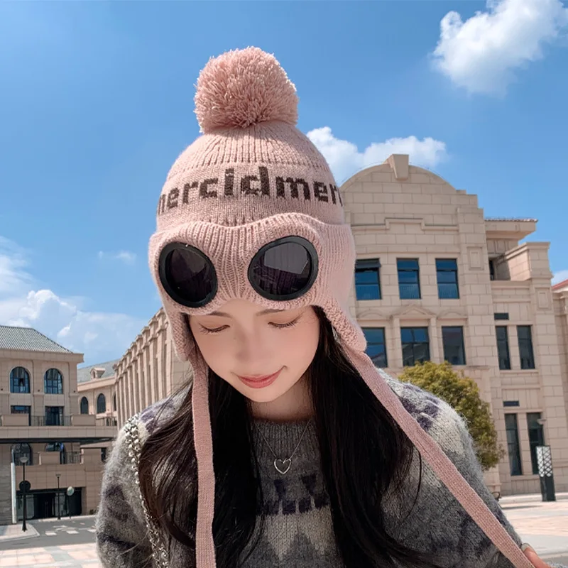 Winter Hat With Glasses Set Head Hat Women Outdoor Cold Protection Warm Ear Protection Hairball Knitted Woolen Skiing Sports
