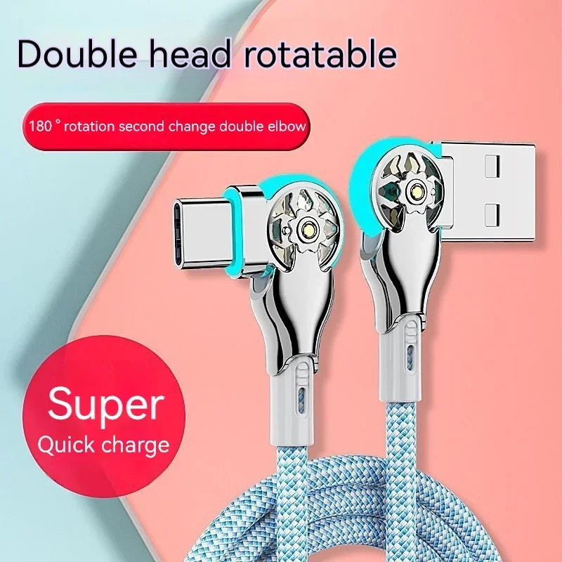 Dual Port Fast Charging Cable USB A to Type C Micro B 180 Degree Rotatable Zinc Alloy Braided Cord LED Light