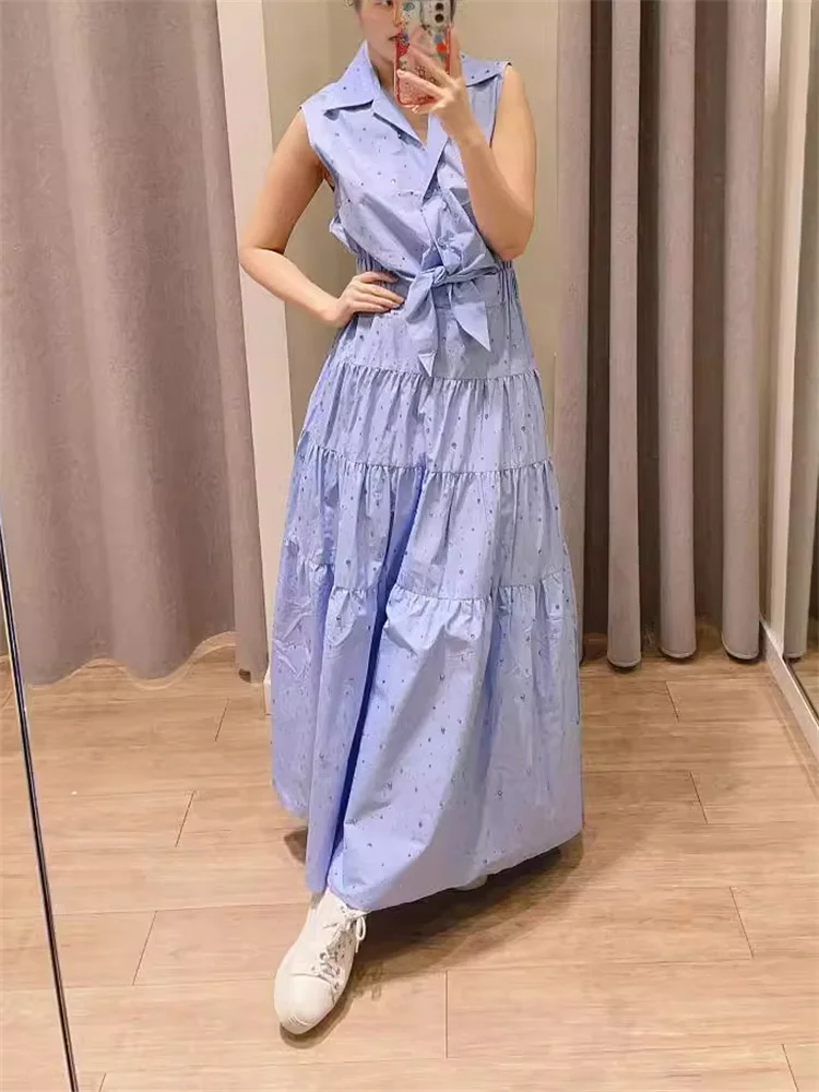 

Women Midi Dress Hot Diamonds Decoration 2024 Spring Summer Sleeveless Lace Up Waist Hollow Out Ladies Layered Robe