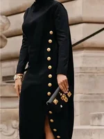 Lemongor Urban Female Autumn Shawl Collar Evening Maxi Dresses 2025 New Fashion Buttoned Split-Side Long Sleeves Office Dress - Image 2