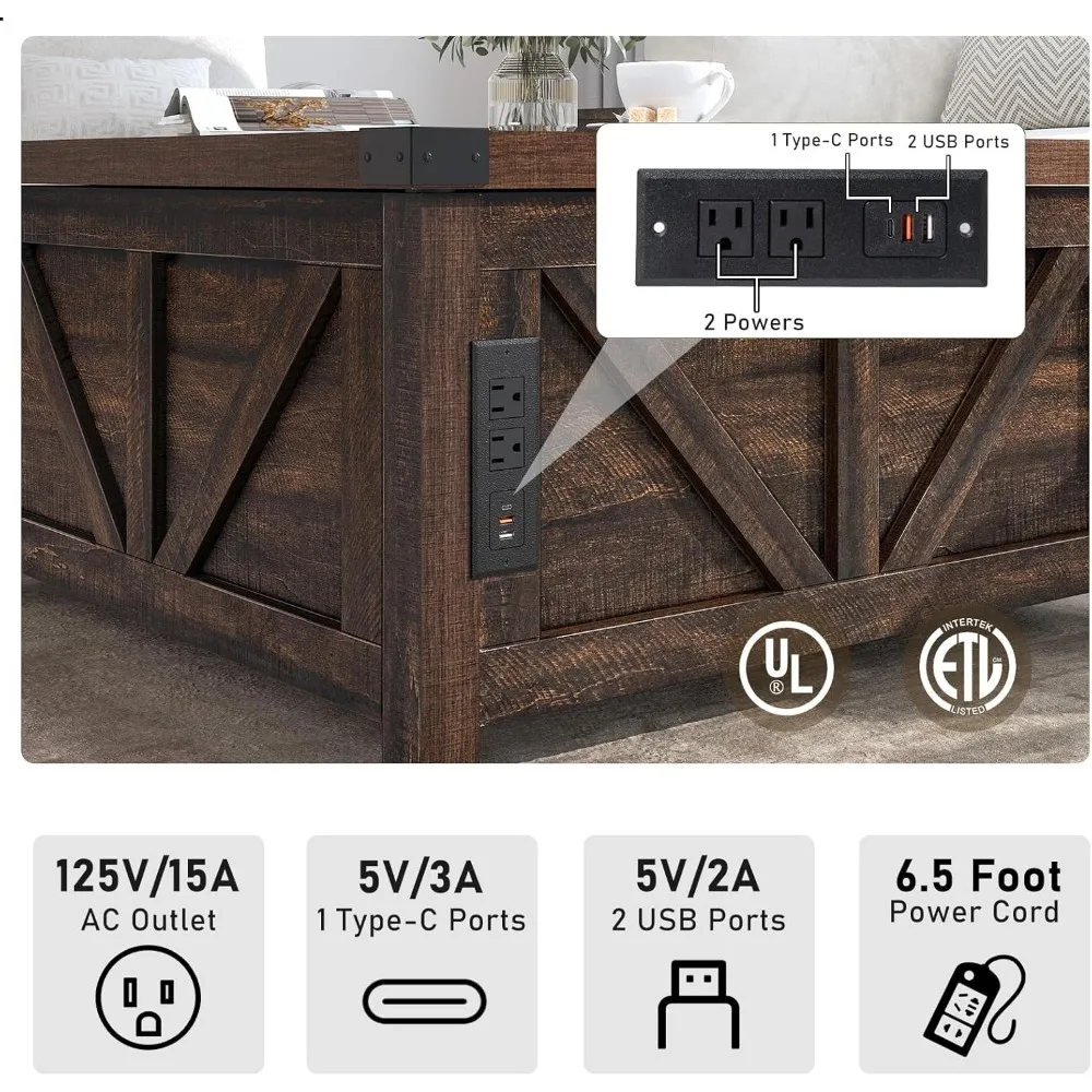 Farmhouse Lift Top Coffee Table with Storage,Wood Square Center Table with Charging Station&USB Ports, Living Room Central Table 4