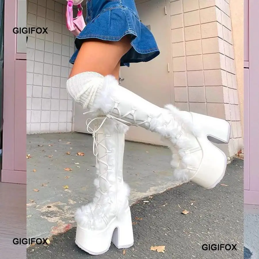 GIGIFOX Platform Furry Boots Chunky High Heeled Winter Autumn Knee