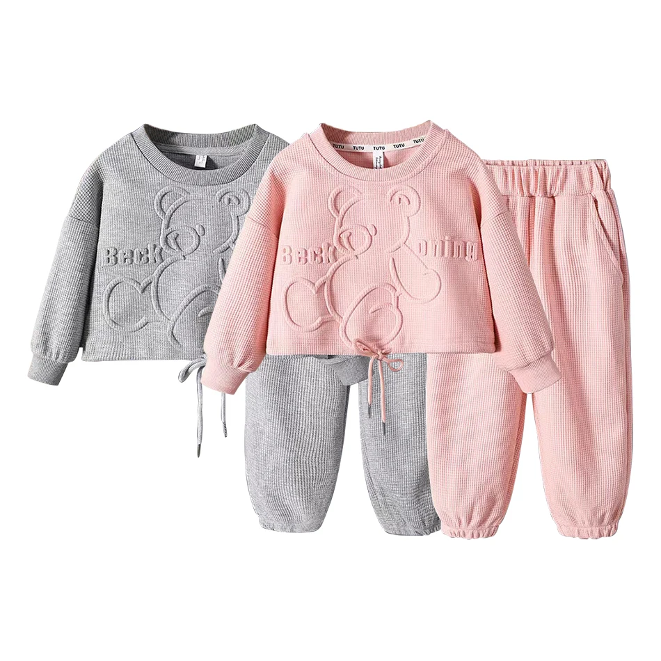 

Детские комплекты, Розовый пуловер с длинным рукавом для девочек + брюки, весенний и осенний Повседневный Спортивный комплект из 2 предметов, повседневный комплект одежды для девочек