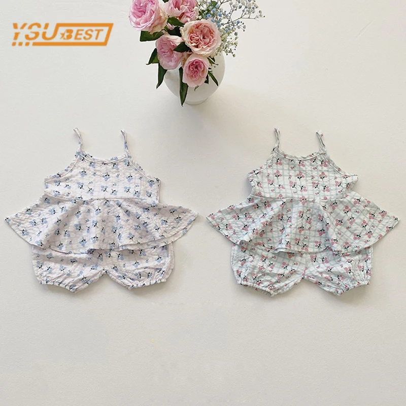 

Kids Baby Girls Sleeveless Flower Printing Tops + Shorts Clothing Sets Summer Infant Baby Girls Children's Clothes Suit