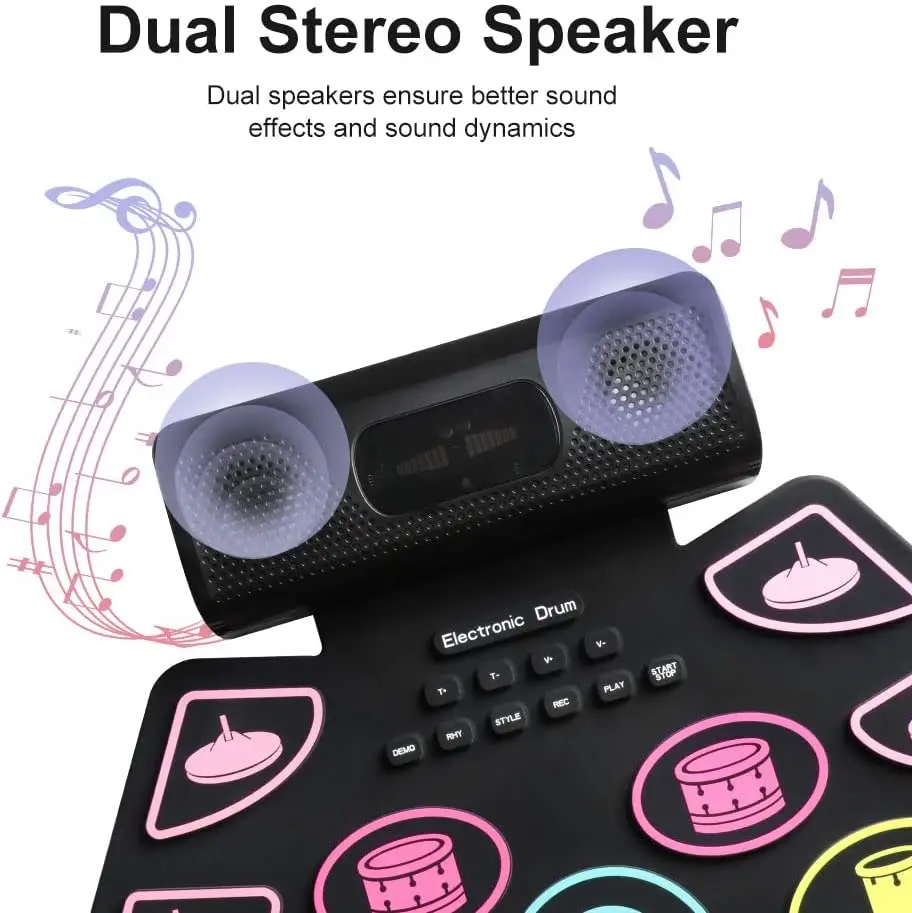 Digital Drum Set Silicone Portable Roll Up Electronic Drum Kit 9 Thickened Pad Built-in Speakers fo Beginner Kids Adult Practice