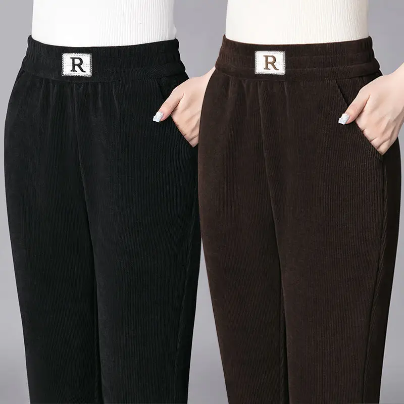 Autumn and Winter Women's Solid Striped Elastic Waist Embroidery Fashion Office Lady Pockets Casual Harlan Slim Pants