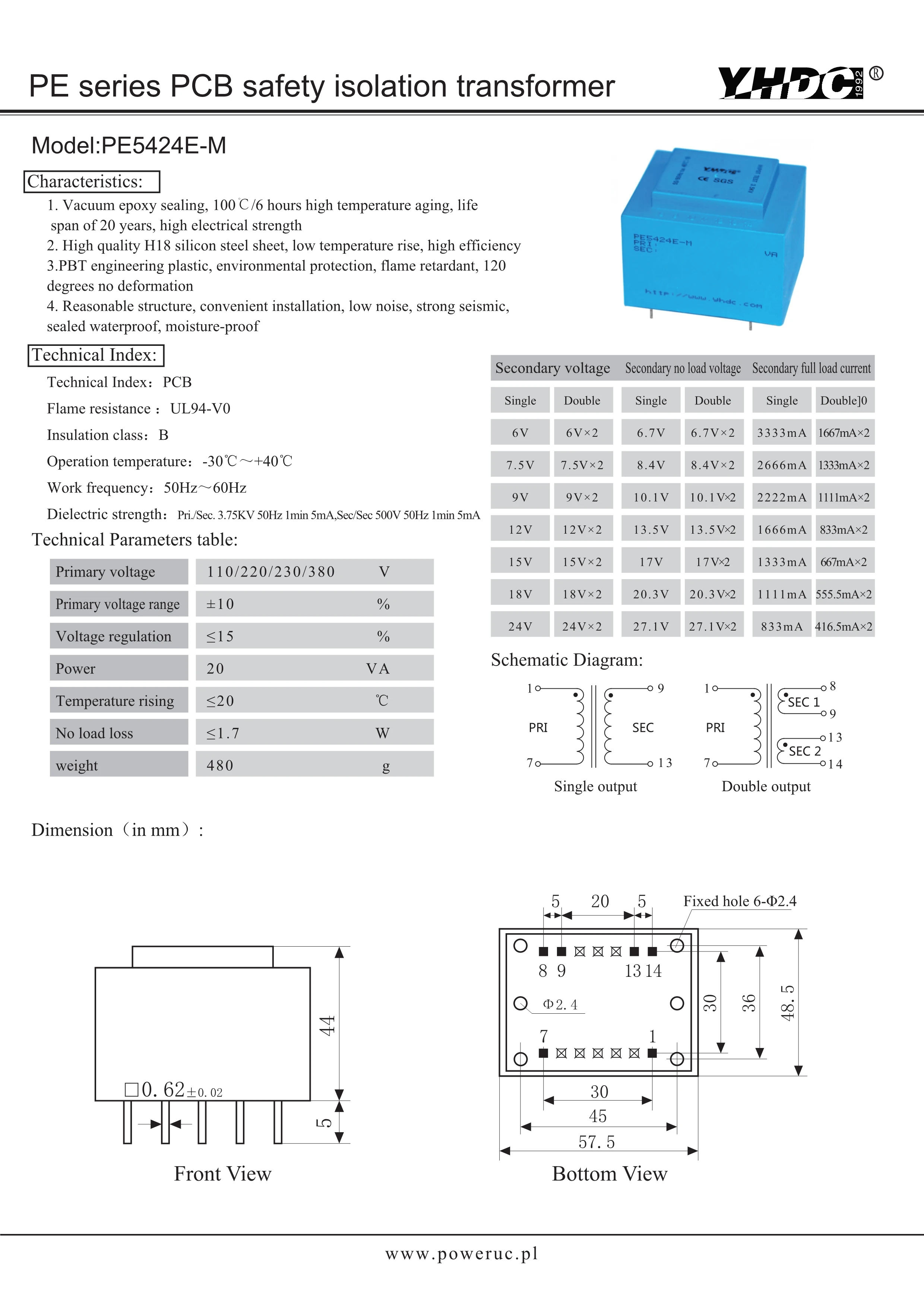 YHDC PCB Isolation Transformer PE4121-I-8VA Input 220V/230V Output 15V/24V 