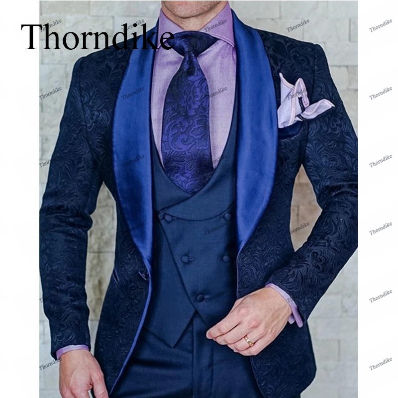 

Thorndike Men Blue Jacquard Suit Party Wedding Tuxedo 3 Pieces Jacket Vest Pants Set Costume Homme Slim Fit Tailored Full Suits