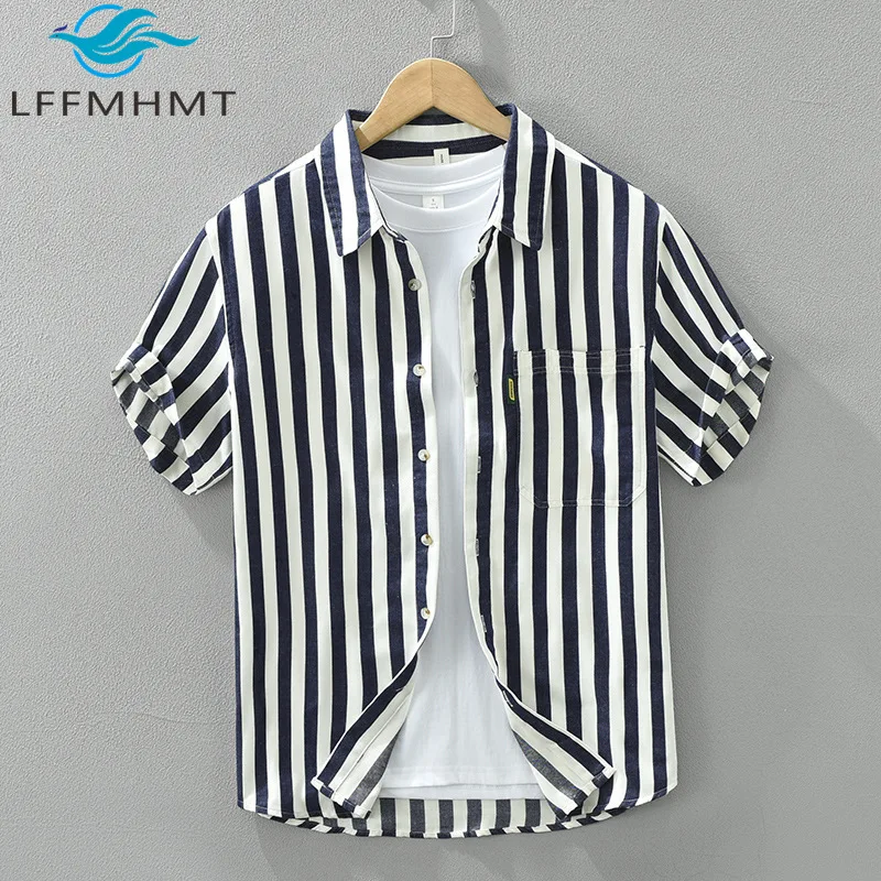 

8029 Summer Daily Wear Men's Short Sleeve Striped Shirt Teens High Quality Classical Thin Breathable Soft Cozy Simple Tops Male