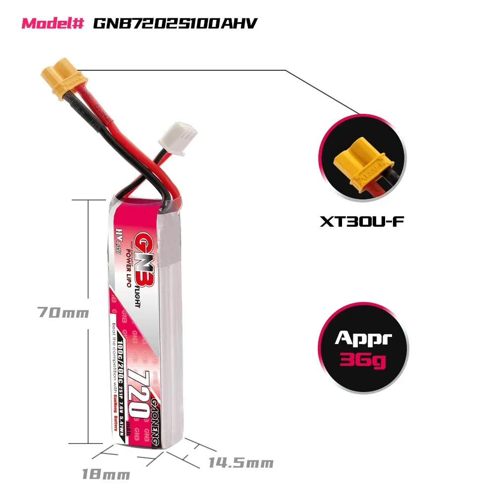 Vue rapprochée d'une batterie LiPo 7.4V 5200mAh XT60 pour RC, montrant les spécifications