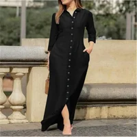 SpringSummer Women's L-5XL Plus Size Elegant Neutral Style Cotton Linen Long Dress Long Sleeved Lapel Solid Color Loose Casual - Image 3