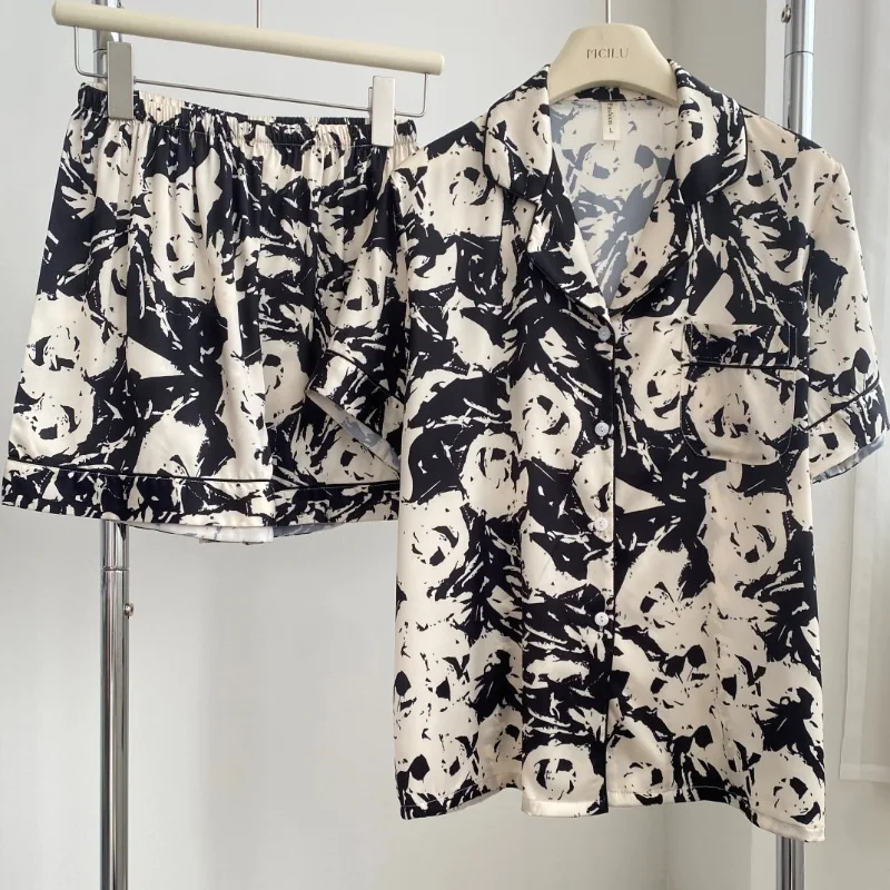 

2Pcs Shirt&shorts Summer New Rayon Home Wear Women Print Pajamas Suit Loungewear Sexy Turn Down Collar Nightwear Pyjamas