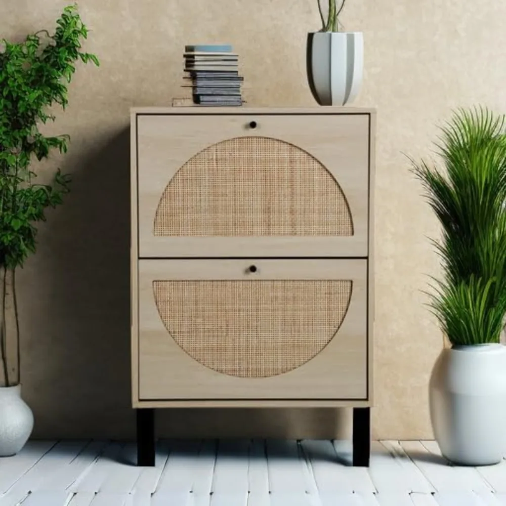 Rattan Shoe Cabinet with Flip Drawers, Narrow Hidden Entrance Hallway Free Standing Shoe Rack for Heels, Slippers 6