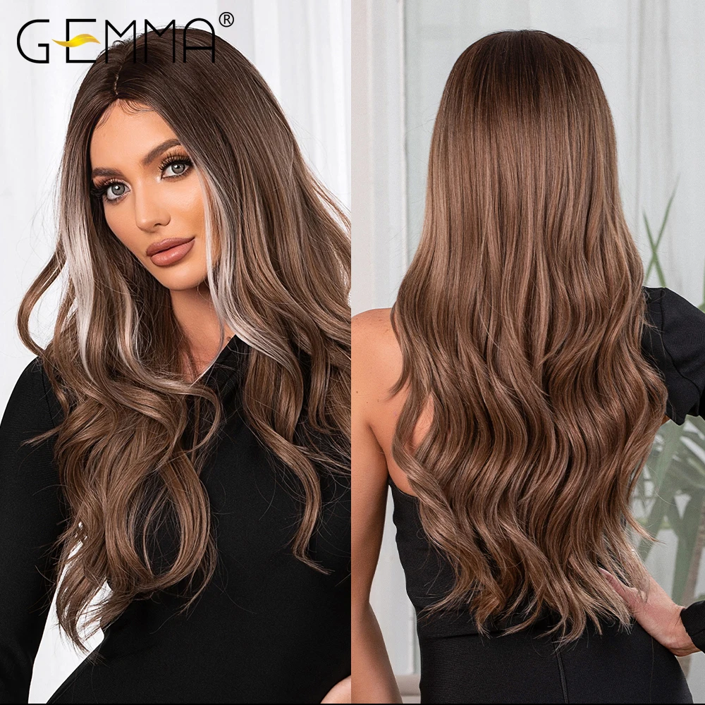 GEMMA Natural Middle Part Synthetic Wigs for Black Women Long Wavy Hair Cosplay Brown Golden Grey Highlight Wig Heat Resistant