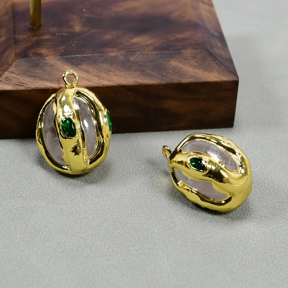 APDGG 5 Pcs Natural White Quartz Gold Plated Green Crystal Paved Charms Pendant For Lady Pearl Necklace Jewelry Making DIY