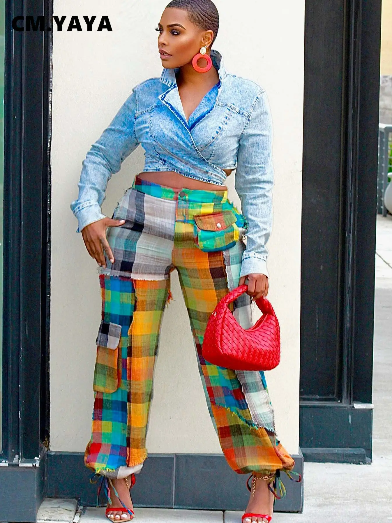 

BabYoung Women 3D Plaid Printed Multi Pocket Drawstring Hem Straight Cargo Pants 2023 New Fashion Safari Style Trousers